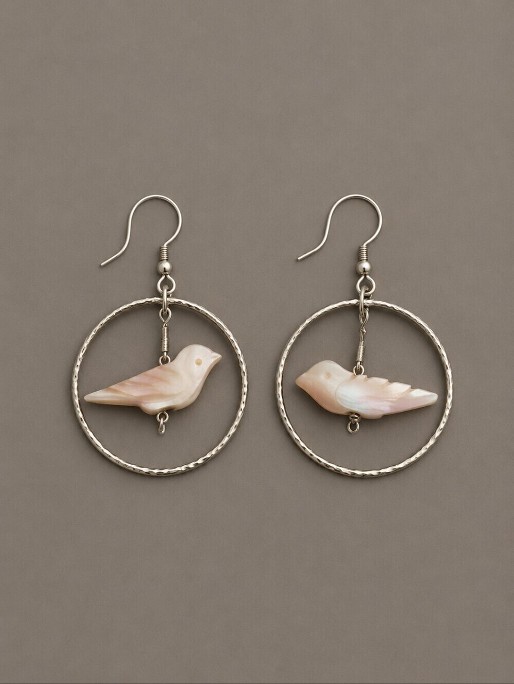 Vtg 1970s Fairycore Shell Carved Fetish Dove Hoop Dangle Hook Earrings
